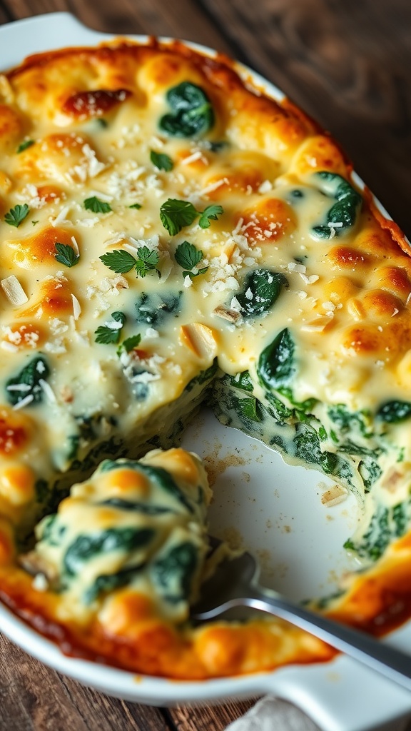 A baked spinach and cheese casserole with melted cheese on top, garnished with parsley on a wooden table.